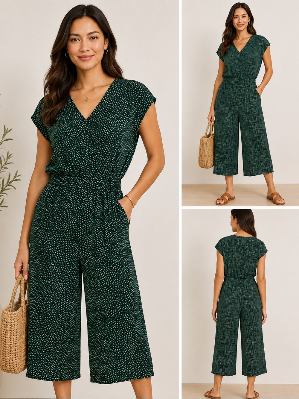 NWT Amazon Essentials Green Print Cropped Wide Leg Jumpsuit Size M